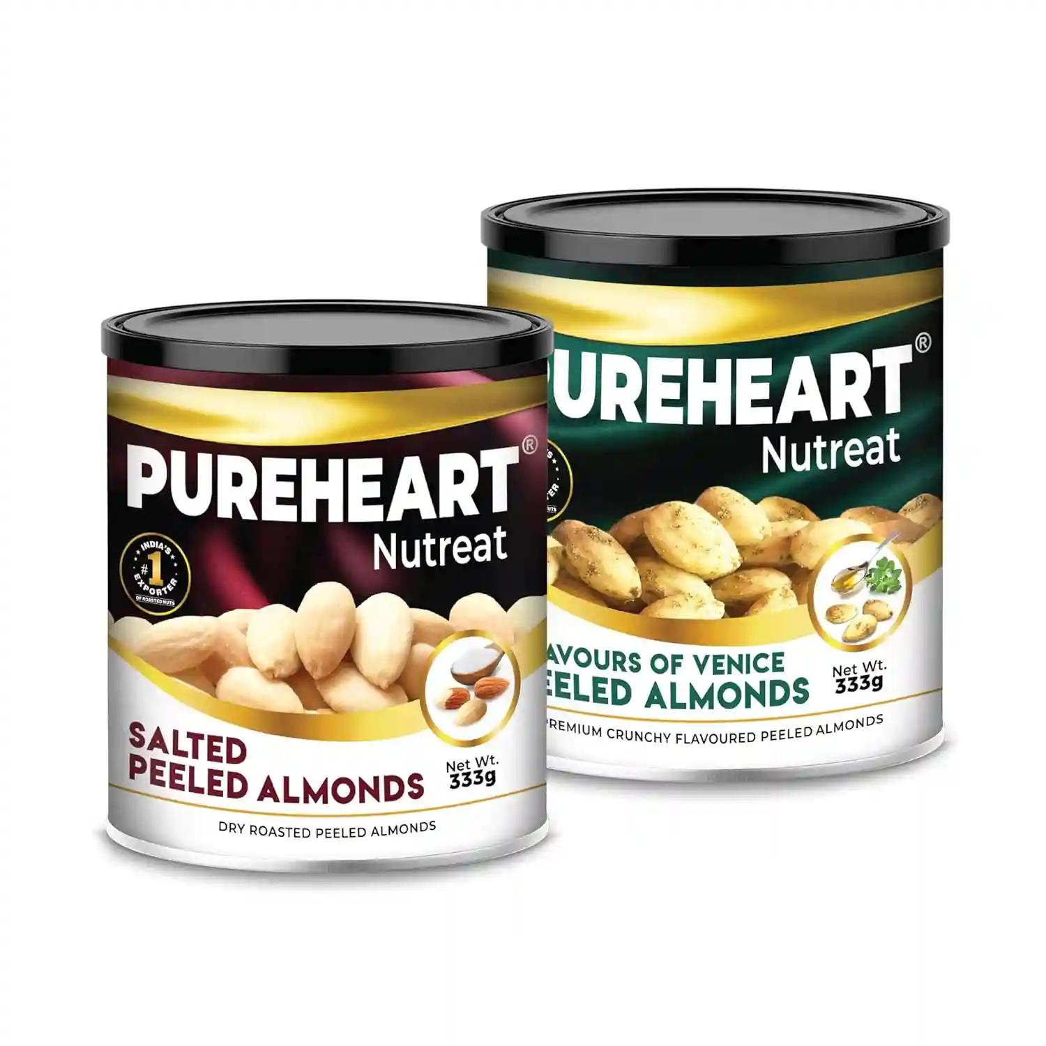 PUREHEART Nutreat Peeled Almonds Roasted Salted and Flavored Almonds (333 gm, Each) Combo Flavors of Venice - Whole Blanched California Premium Almond Nuts Without Skin/Dried Badam/Dry Fruit