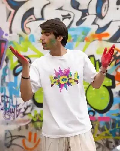 Celebrate with Style: Happy Holi Men's T-Shirt in Vibrant Colors | 100% Premium Bio Wash Cotton T-Shirts - S  (White)