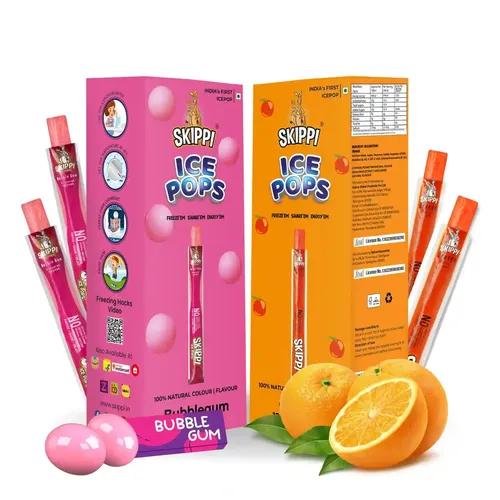 SKIPPI ICE POPS 100% Natural Freezer Pops, Juice Bars, Ice Pops - Bubble Gum & Orange Flavors (12+12 Pops Boxes)