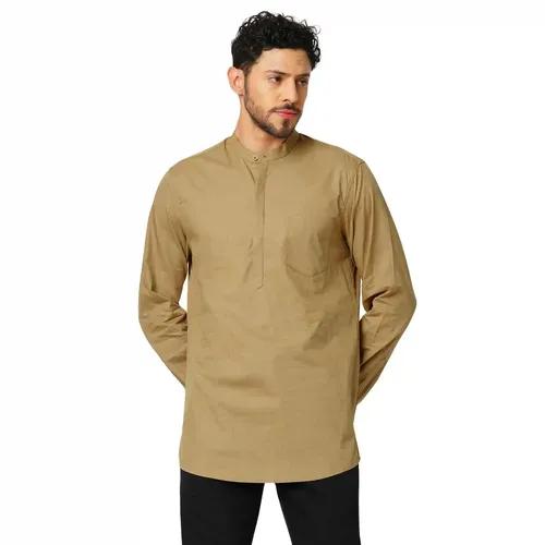 Indivisual Men's Premium Cotton Solid Brown Mousse Shirt Kurta - S