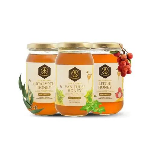 Shiva Organic Honey combo 250 grams each NMR Tested 100% Natural Healthy and Pure Honey No Added Sugar Flavour Unadulterated Sourced ethically Eucalyptus, Litchi, Vantulsi