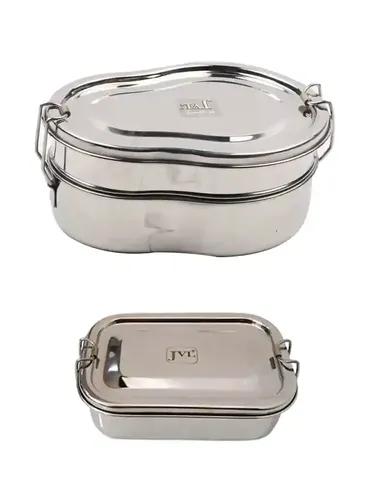 Jvl Stainless Steel Rectangular Single Layer Lunch Box With Inner Plate & Big Guitar Double Layer Lunch Box Not Leak Proof - Pack Of 2