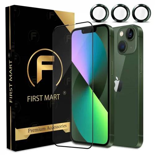 FIRST MART for iPhone 13 Tempered Glass and 1 Set of Individual Green Camera Rings Protectors, 2.5D Curved Edges, Full-Coverage Military-Grade Protection, Scratch Resistant | Green Rings