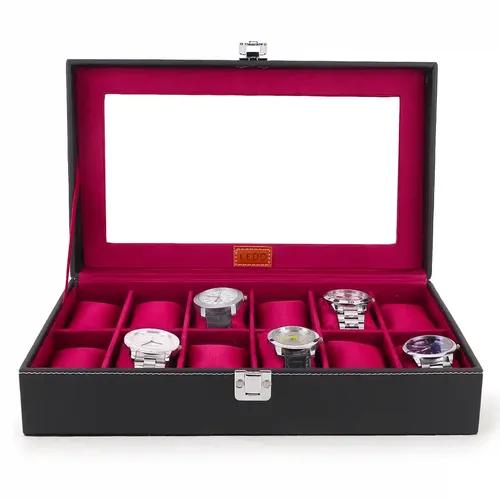 LEDO PU Leather Watch Box Holder Organizer Case In 12 Slots of watches with Transparent Glass Look For Men & Women - Black & Cherry