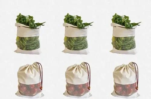 Fab Ellite Cotton Vegetable Bags Fridge Storage Bag Sabji Fruits Pouch Refrigerator Produce bags Clothe Muslin Reusable Washable with Drawstrings.(10 x 13) inch. (PACK OF 6)