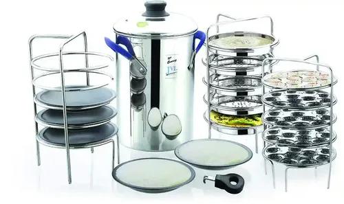 JVL Stainless Steel Full Set Thattu Idli, Idiyappam/Dhokla Maker & Mini Idli Plates