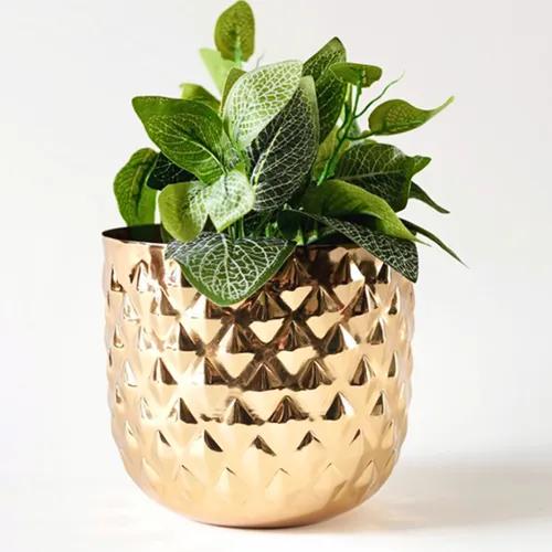 Behoma Metal Indoor Pineapple Golden Planter | Pineapple Texture Modern Plant Pot | Drawing Room Balcony Office Decor for Small Plants | 5.3 (Height) by 5.9 (Dia) | Golden 1 Pc | (Plant not Included)