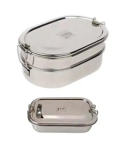 Jvl Stainless Steel Rectangular Single Layer Lunch Box With Inner Plate & Big Capsule Double Layer Lunch Box Not Leak Proof - Pack Of 2