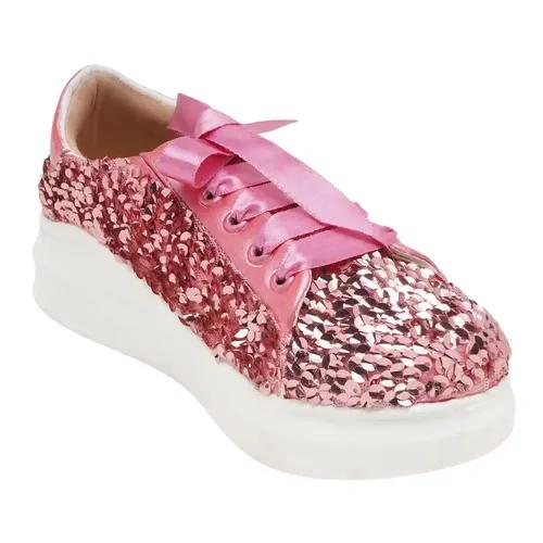 THE QUIRKY NAARI Rosette Crush Sequin Sneakers for Every Occasion | Pink - 6 UK