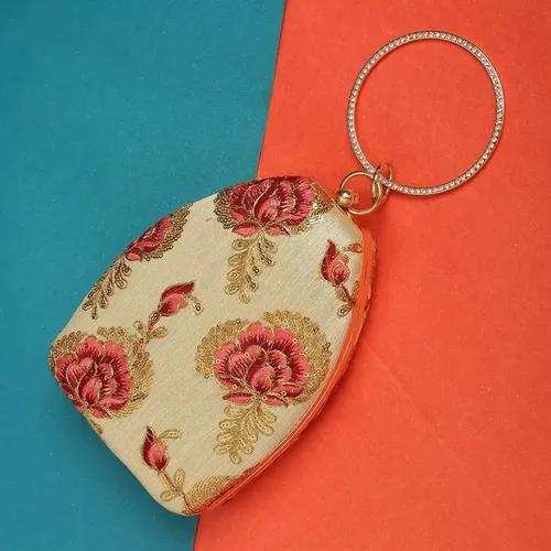 Stylish Embroidered Egg Shape Designer Fabric Clutch - Gold & Red