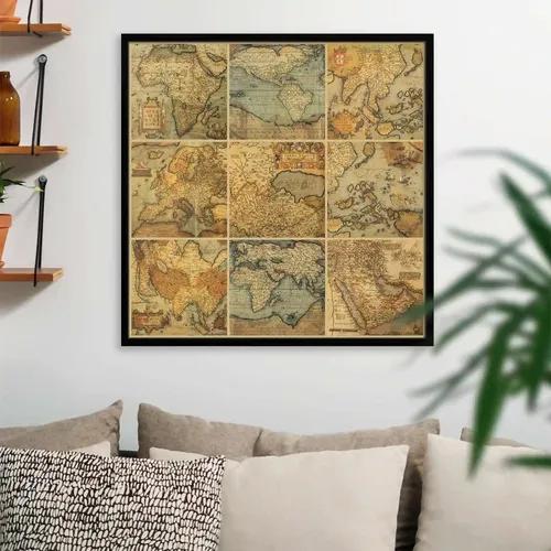 ArtzFolio Antique Maps | Premium Canvas Painting for Bedroom & Living Room | Black Wood Frame | 16 x 16 inch (41 x 41 cms)