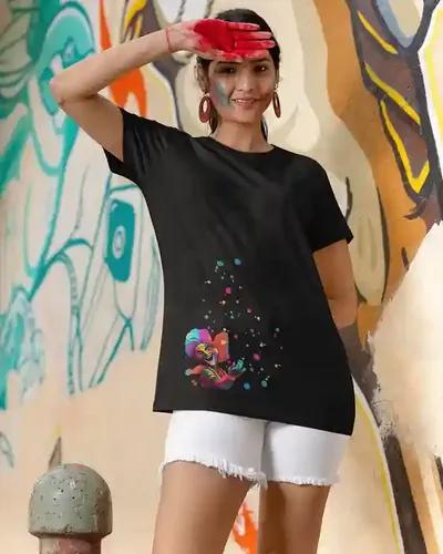 Playful Palette: Women's Dynamic Cartoon Character Holi T-Shirt | 100% Premium Bio Wash Cotton T-Shirts - S  (Black)