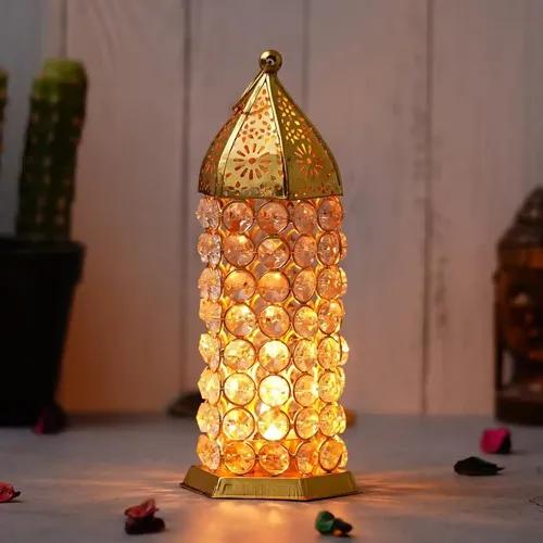 WEBELKART Premium Crystal Moroccan Brass Tealight Candle Holder for Home Decoration,Lantern Shape Tealight Holder for Diwali Decor (8.5" Inches Gold) Table Candle Stand