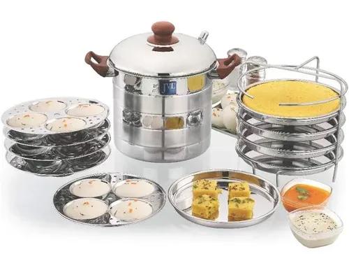 JVL PIM-5PF Round Shape Stainless Steel Prime Idli/Dhokla Maker 5 Plates Each with Plain Lid (Silver)