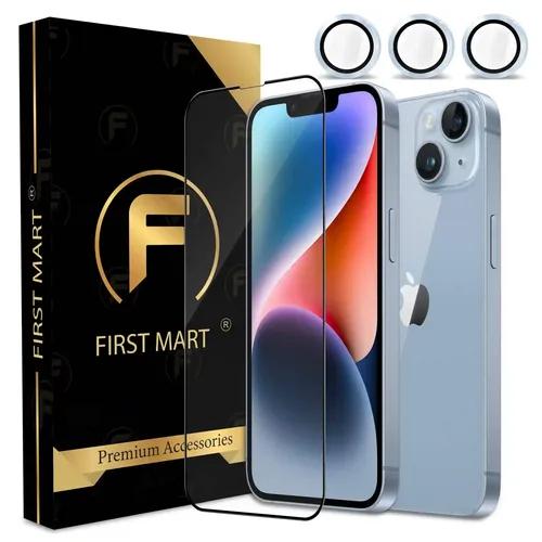 FIRST MART for iPhone 14 Plus Tempered Glass and 1 Set of Individual Blue Camera Rings Protectors, 2.5D Curved Edges, Full-Coverage Military-Grade Protection, Scratch Resistant | Blue Rings