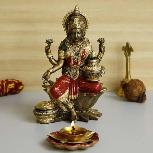 WEBELKART Antique Cold Cast Resin Bronze Finish Goddess Laxmi Idol, Goddess of Money & Success Diwali Gifts Home Décor (Size: 7.50")