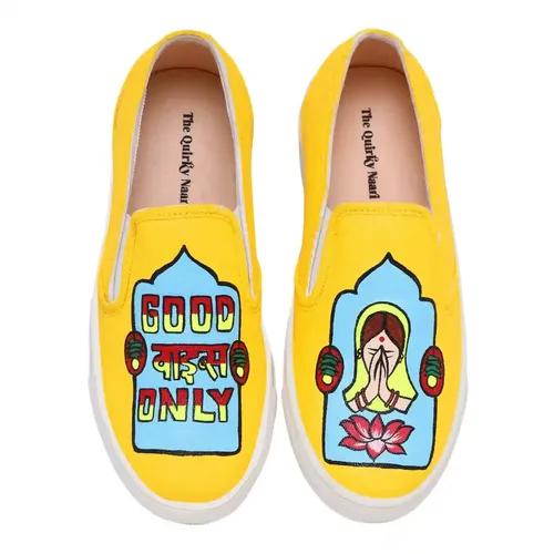 THE QUIRKY NAARI Good Vibes Only Slipons with Some Indian Flair | Yellow - 3 UK