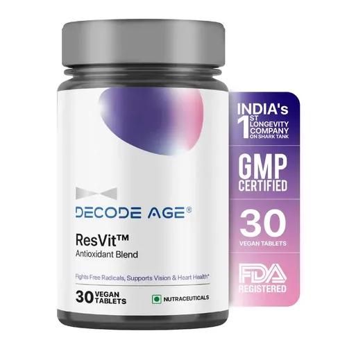 DECODE AGE ResVit Blend of Trans Resveratrol | Reduces Obesity, Blood Pressure, Heart Rate & Ageing | Improve Breathing flow & Memory (30 Veg Tablets)