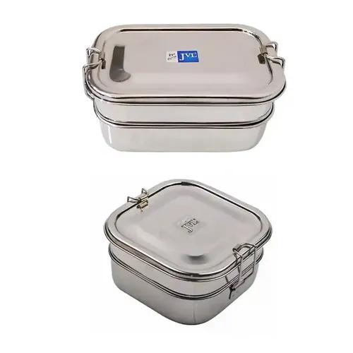 Jvl Stainless Steel Rectangular Shape Double Layer Lunch Box With Inner Plate & Small Square Shape Lunch Box Not Leak Proof - Pack Of 2