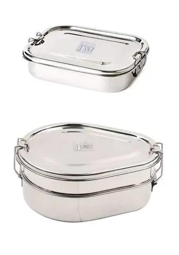 Jvl Stainless Steel Rectangular Single Layer Lunch Box With Inner Plate & Big Drop Double Layer Lunch Box Not Leak Proof - Pack Of 2