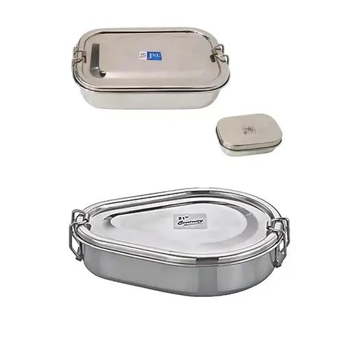 Jvl Stainless Steel Rectangular Single Layer Lunch Box With Small Container & Big Drop Lunch Box With Inner Plate Not Leak Proof - Pack Of 2