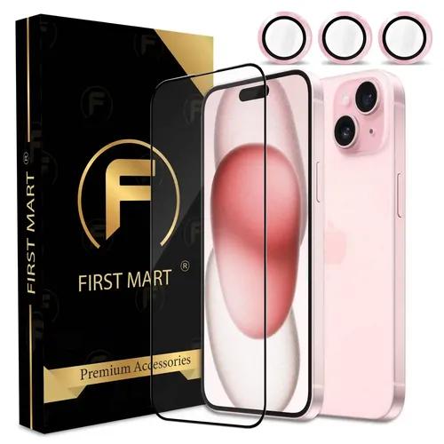 FIRST MART for iPhone 15 Tempered Glass and 1 Set of Individual Pink Camera Rings Protectors, 2.5D Curved Edges, Full-Coverage Military-Grade Protection, Scratch Resistant | Pink Rings