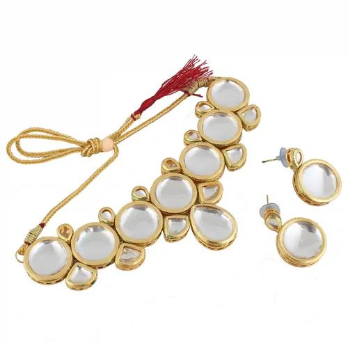 Gold Plated(18k) Big Round Kundan Choker Necklace & Earrings - White