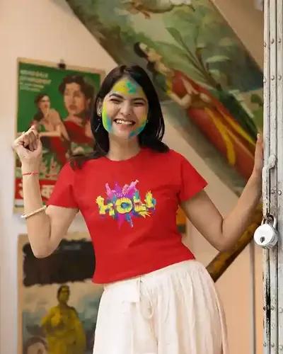 Celebrate with Style: Happy Holi Women's T-Shirt in Bold Colors | 100% Premium Bio Wash Cotton T-Shirts - S  (Red)