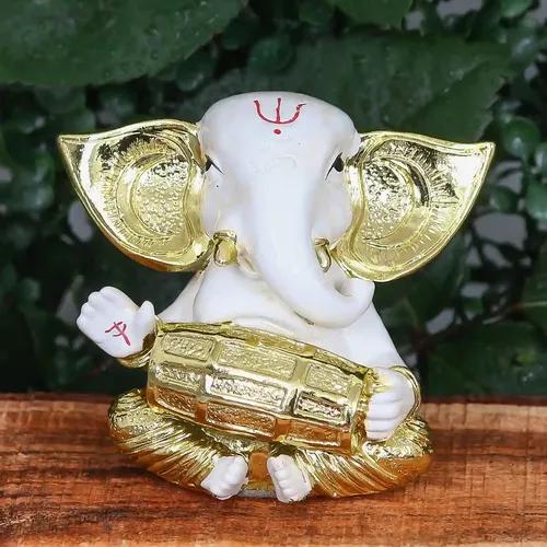 WEBELKART Gold Plated Lord Ganesha Musician for Car Dashboard Statue Ganpati Figurine God of Luck & Success Diwali Gifts Home Decor (White, Gold 3.00 x 2.50 inches)