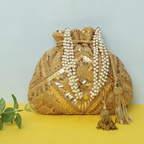 Evening Heavy Embroidery Potli Bag For Women - Golden