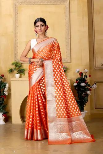 Banaras Kora Organza Silk Saree - Orange