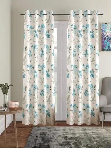 TRANCE HOME LINEN Floral Printed 8 Feet Door and Window Curtain | 100% Cotton Premium Semi Room Darkening Curtains | Living Room Bedroom Parda | Eyelet Ring Parde (8Ft, Tashi Blue) - Set 2