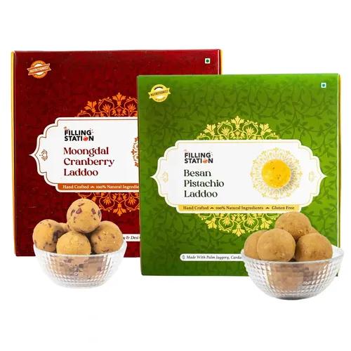 THE FILLING STATION Besan Pistachio & MoongDal Cranberry Laddoo| 500 Gm | No White Sugar | No Preservatives | Sweetened with Palm Jaggery | Natural Ingredients_18 Ladoos_Pack of 2