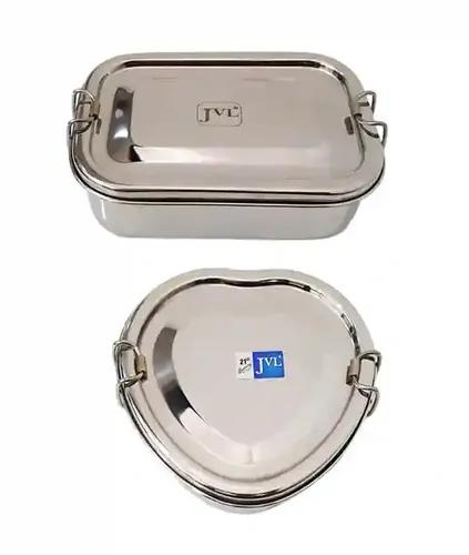 Jvl Stainless Steel Rectangular & Heart Shape Single Layer Combo Lunch Box With Inner Plate Small - Set Of 2