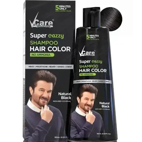 VCare Super Eazzy Hair Colour Shampoo for Women and Men 180ml | Only 5 Minute Root Hair Dye Coloring Kit Head, Moustache, Beard, Hands, Chest | No Parabens, Ammonia And Sulfates - Black