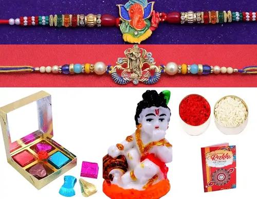 Rakhi For Brother And Bhabi Combo/Rakhi For Brother With Showpiece Figurine/Set Of 2 Rakhi With Gift-2 Gold Plated Kundan Rakhi+Showpiece Figurine +Roli, Chawal+Rakhi Greeting Card