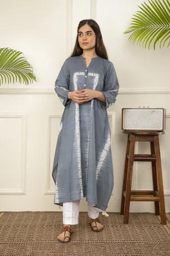 Grey Shibori Tie And Dye Cotton A-Line Kurta - X-Small