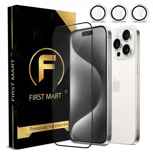 FIRST MART for iPhone 15 Pro Tempered Glass and 1 Set of Individual White Titanium Camera Rings Protectors, 2.5D Curved Edges, Full-Coverage Military-Grade Protection, Scratch Resistant