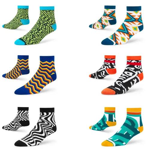 DYNAMOCKS Men's and Women's Combed Cotton Ankle Length Socks (Pack of 6) (Multicolour, Free Size)_Maze_Gizmo_Thrill_UniqWHite_Mono_Scrawl