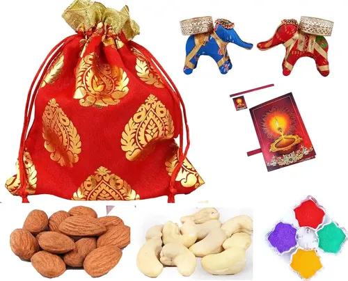 MANTOUSS Diwali Celebration Gourmet Hamper/Diwali Exclusive Dry Fruit Hamper-Designer Potli with Almonds and Cashew+Pair of Handmade Elephant tealight Candle Holder+Diwali Greeting Card