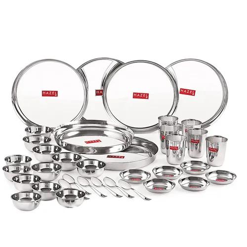 HAZEL Stainless Steel Dinner Set of 36 | Dinner Set Steel (6 Steel Plate, 6 Steel Glass, 12 Bowl, 6 Spoon Set, 6 Dessert Plate) 36 Pieces, Silver