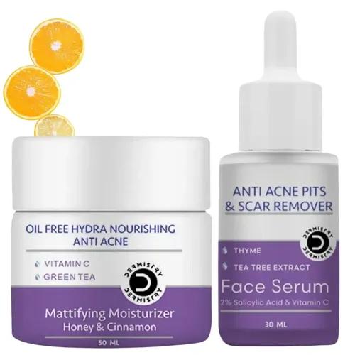 Dermistry 2% Salicylic Acid Anti Acne Face Serum & Oil Free Hydra Nourishing Mattifying Moisturizer Face Gel And Niacinamide And Tea Tree Ext & Vitamin C And Oil Free | Use Day Night And Pimples Oily Acne Prone Skin And Cinnamon Honey Green Tea Vitamin C Lightweight Non-Greasy Women For Men & Women ( Pack Of 2 - 80 Ml )