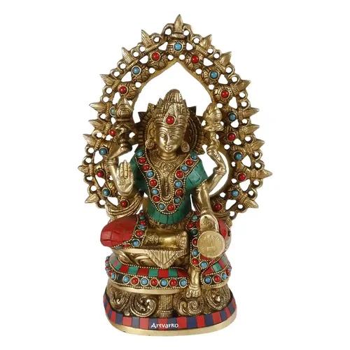 ARTVARKO Brass Lakshmi Devi Idol Statue Multicolor Gemstone Handwork For Home Puja Goddess Laxmi Idols Showpiece For Temple 10 Inches