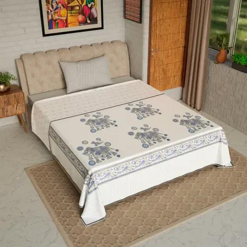 Jaipur Dohar Hand Block Printed Single Bed Cotton Dohar - Blue Grey Elephant