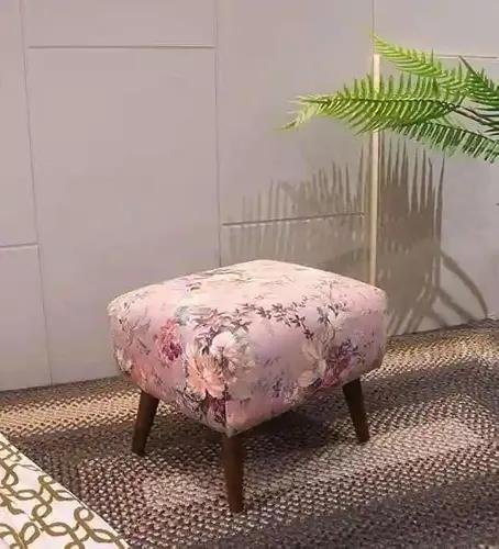 YELLOW Ribbon Puffy Stool for Living Room Vanity Dressing Table Sitting Pink Flower Printed Premium Foam Cushioned Pouffe Ottoman for Foot Rest Stool for Home Decor Furniture Wooden_Floral Pink