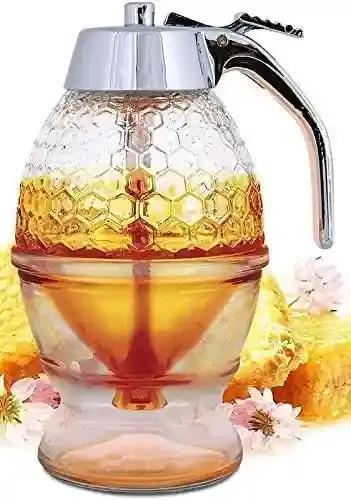 Shiva Organic Acrylic Honey Dispenser | Maple syrup comb shaped jar with stand | 10 X 8 X 15 cm, Transparent