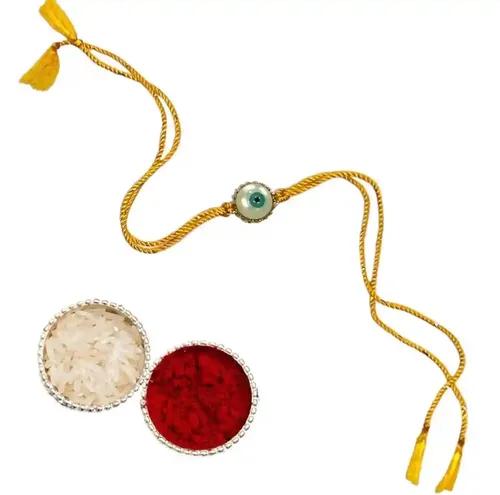 Circular Evil Eye in Yellow Twisted Thread Rakhi