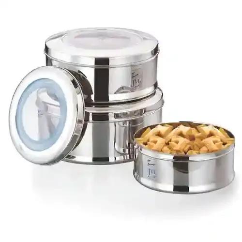 JVL Stainless Steel Kitchen Storage Round Container Poori Roti Dabba Tin - Pack of 3