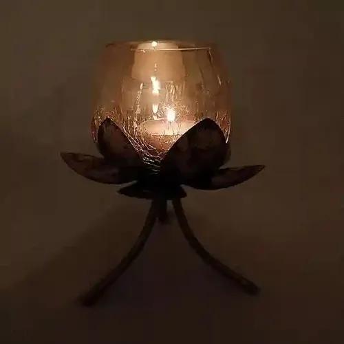 YELLOW Ribbon Diya Deep Metal Lotus Candle Tea Light Holder with Glass Votive Metallic Lustrous Shade Decorative Tea Light with Beautiful Luster For Diwali Decoration & Gifting