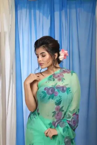 Pure Organza Hand-Painted Light Green Saree With Pink Roses